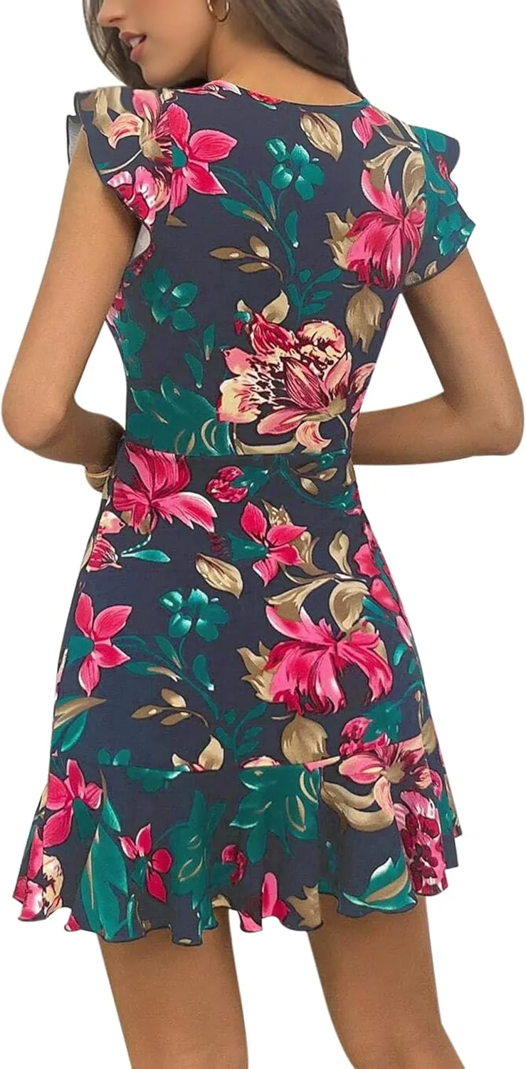 AIMCOO Women's Summer Flutter Sleeves Mini Dress Crewneck Ruffle Hem Casual Short Dresses Elegant Boho Floral A-Line Dress