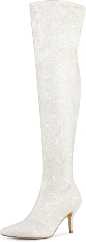 Allegra K Women's Glitter Pointed Toe Stiletto Heel Over the Knee Thigh High Boot