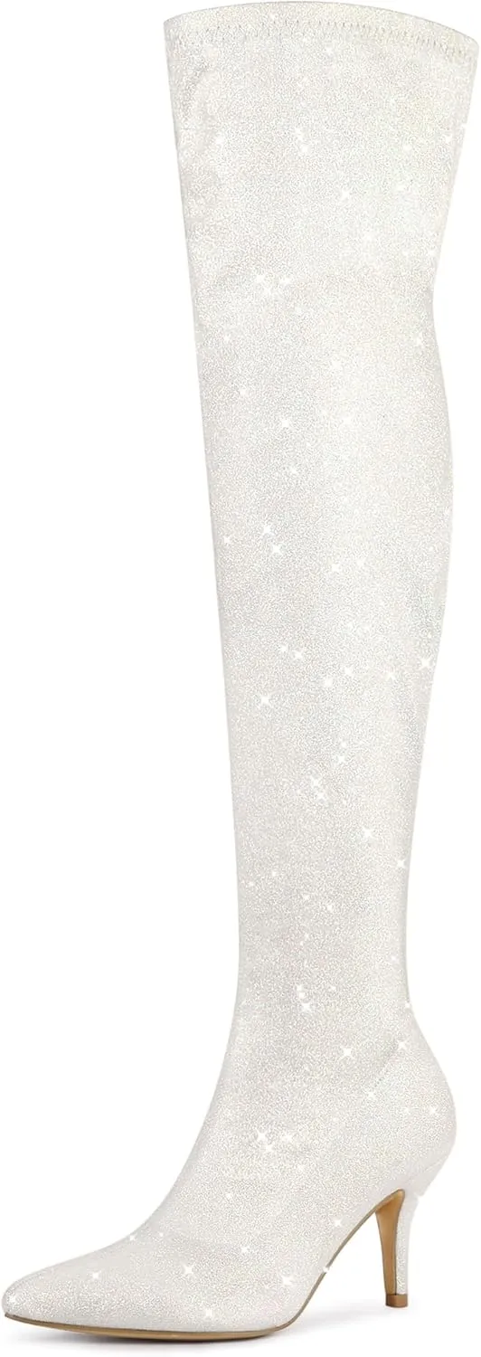 Allegra K Women's Glitter Pointed Toe Stiletto Heel Over the Knee Thigh High Boot