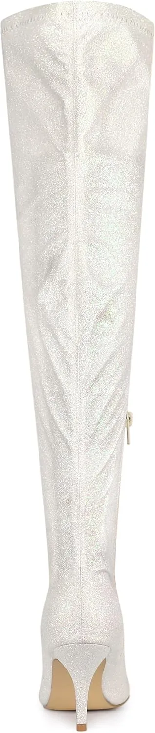 Allegra K Women's Glitter Pointed Toe Stiletto Heel Over the Knee Thigh High Boot