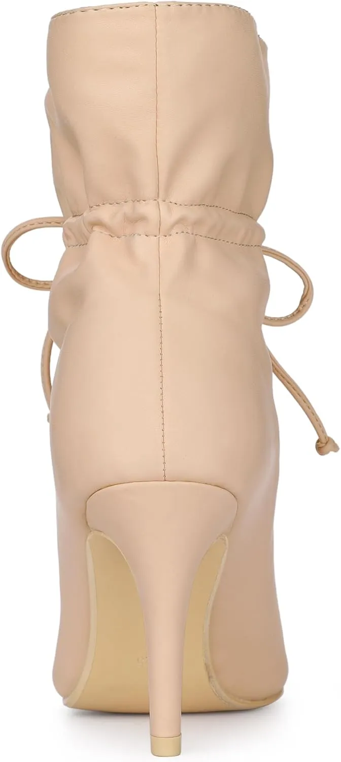 Allegra K Women's Pointed Toe Drawstring Pull on Stiletto Heel Ankle Boots