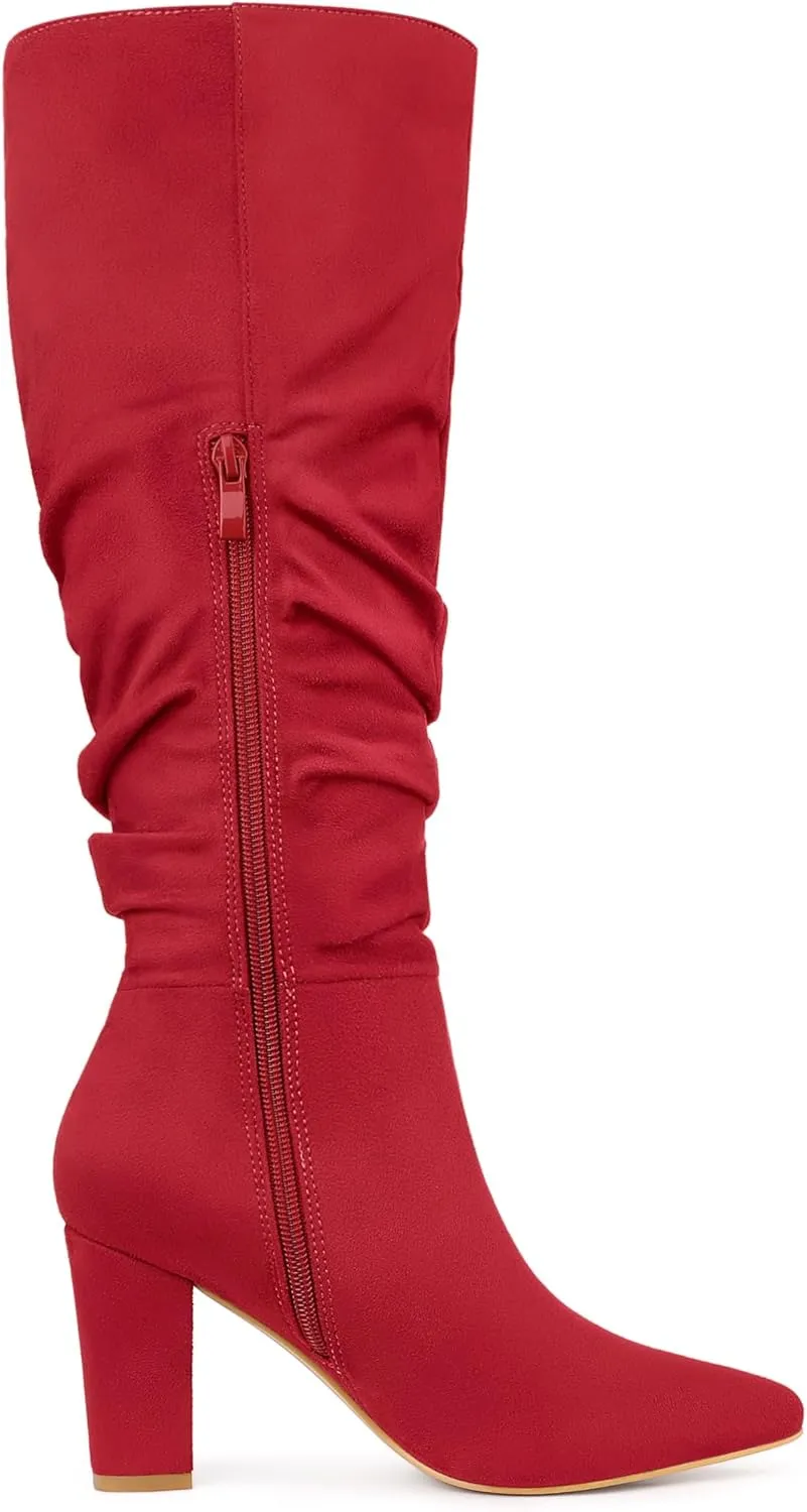 Allegra K Women's Slouch Pointed Toe Chunky Heel Knee High Boots