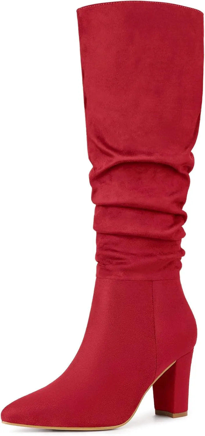 Allegra K Women's Slouch Pointed Toe Chunky Heel Knee High Boots