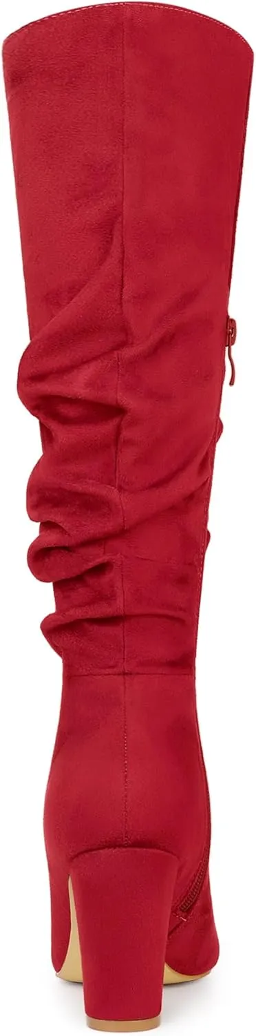 Allegra K Women's Slouch Pointed Toe Chunky Heel Knee High Boots