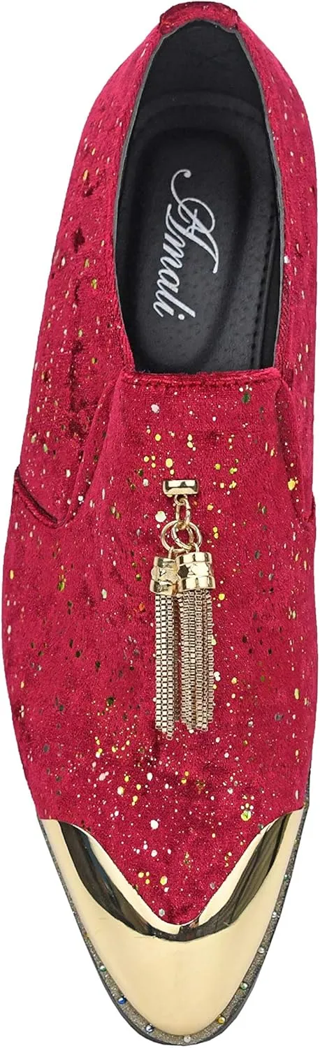 Amali Chaz, Men's Slippers - Loafers Men Slip on Shoes - Mens Casual Shoes - Man Made Velvet, Tuxedo Shoes - Metal Gold Chain Tassel & Gold Metal Tip, Dress Shoes - Gift