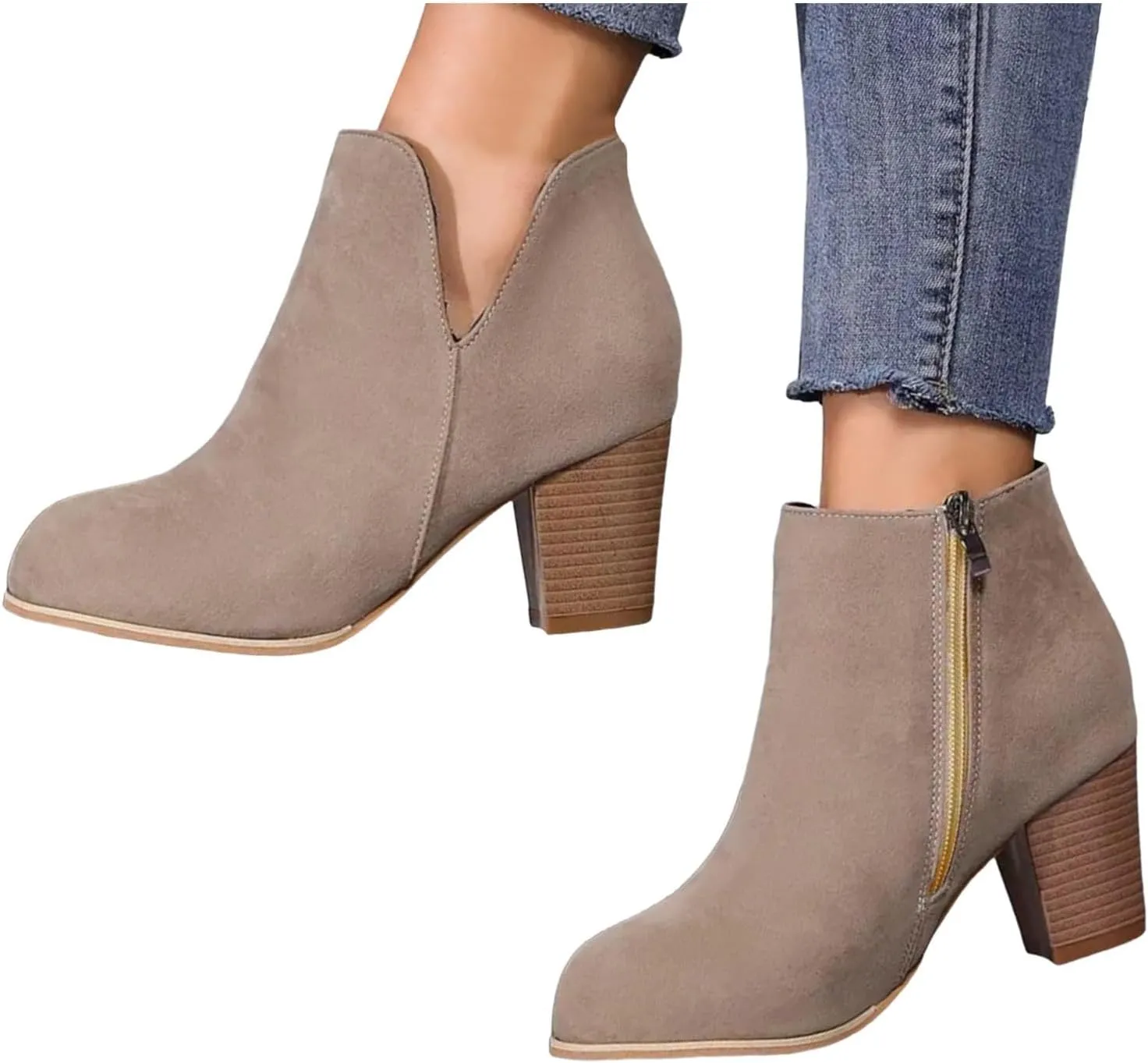 AMDBEL Booties for Women Dressy 2024 Ankle Boots V Cut Chelsea Pump Boots Closed Toe Stacked Heel Booties Shoes