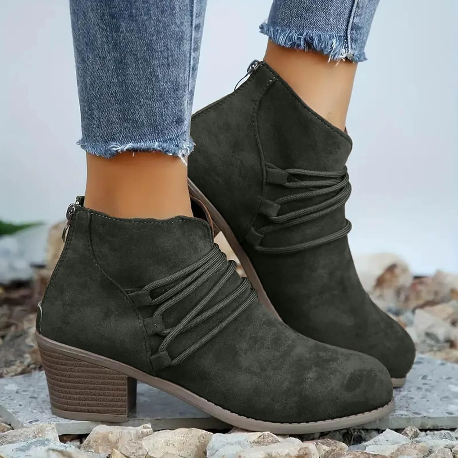 AMDBEL Womens Boots Ankle, Ankle Booties Fashion Low Heel Side Zipper Pointd Toe Suede Fall Winter Short Boots Shoes