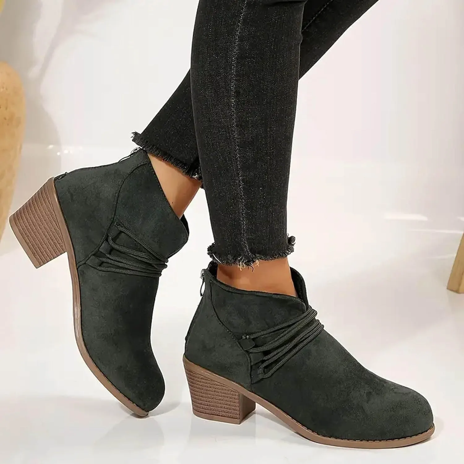 AMDBEL Womens Boots Ankle, Ankle Booties Fashion Low Heel Side Zipper Pointd Toe Suede Fall Winter Short Boots Shoes