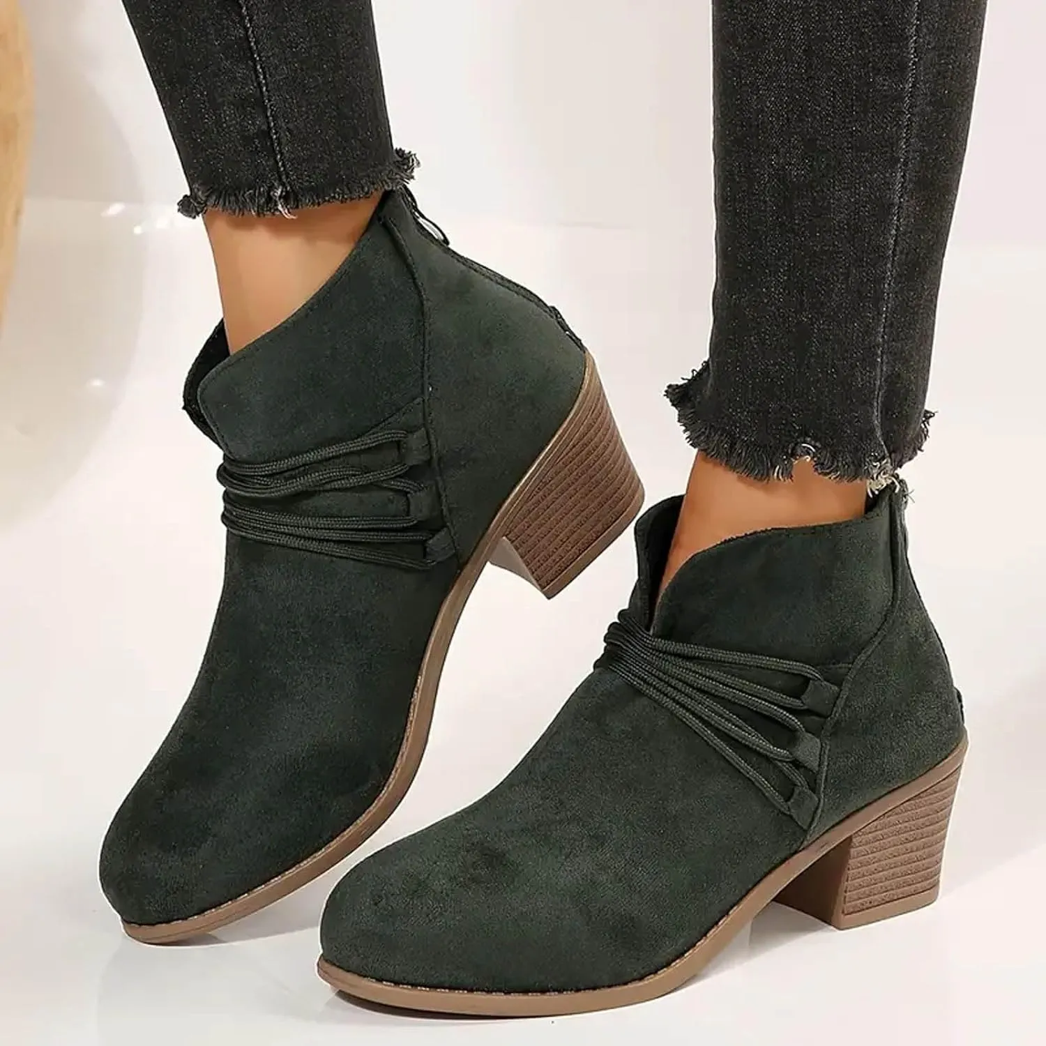 AMDBEL Womens Boots Ankle, Ankle Booties Fashion Low Heel Side Zipper Pointd Toe Suede Fall Winter Short Boots Shoes