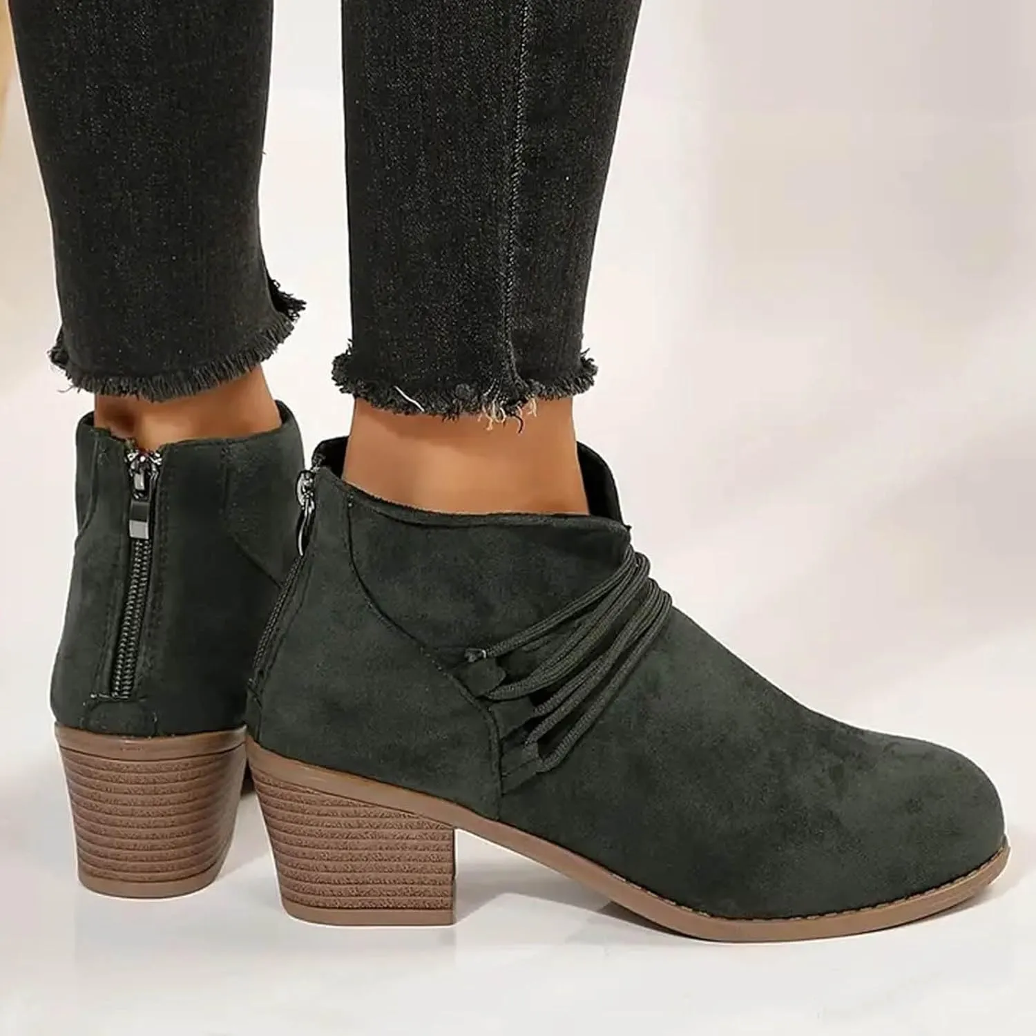 AMDBEL Womens Boots Ankle, Ankle Booties Fashion Low Heel Side Zipper Pointd Toe Suede Fall Winter Short Boots Shoes