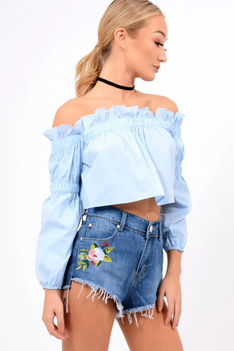 Blue Feature-rich Powder Top - Frill Crop Monroe High-value Scrunch