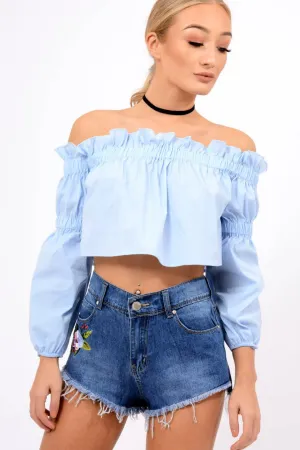 Blue Feature-rich Powder Top - Frill Crop Monroe High-value Scrunch