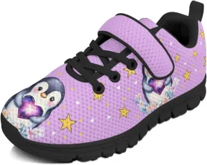 Boys Girls Sneakers Kids Lightweight Breathable Strap Athletic Running Shoes for Little Kid/Big Kid Penguin Star Floral Pattern（Black Sole）