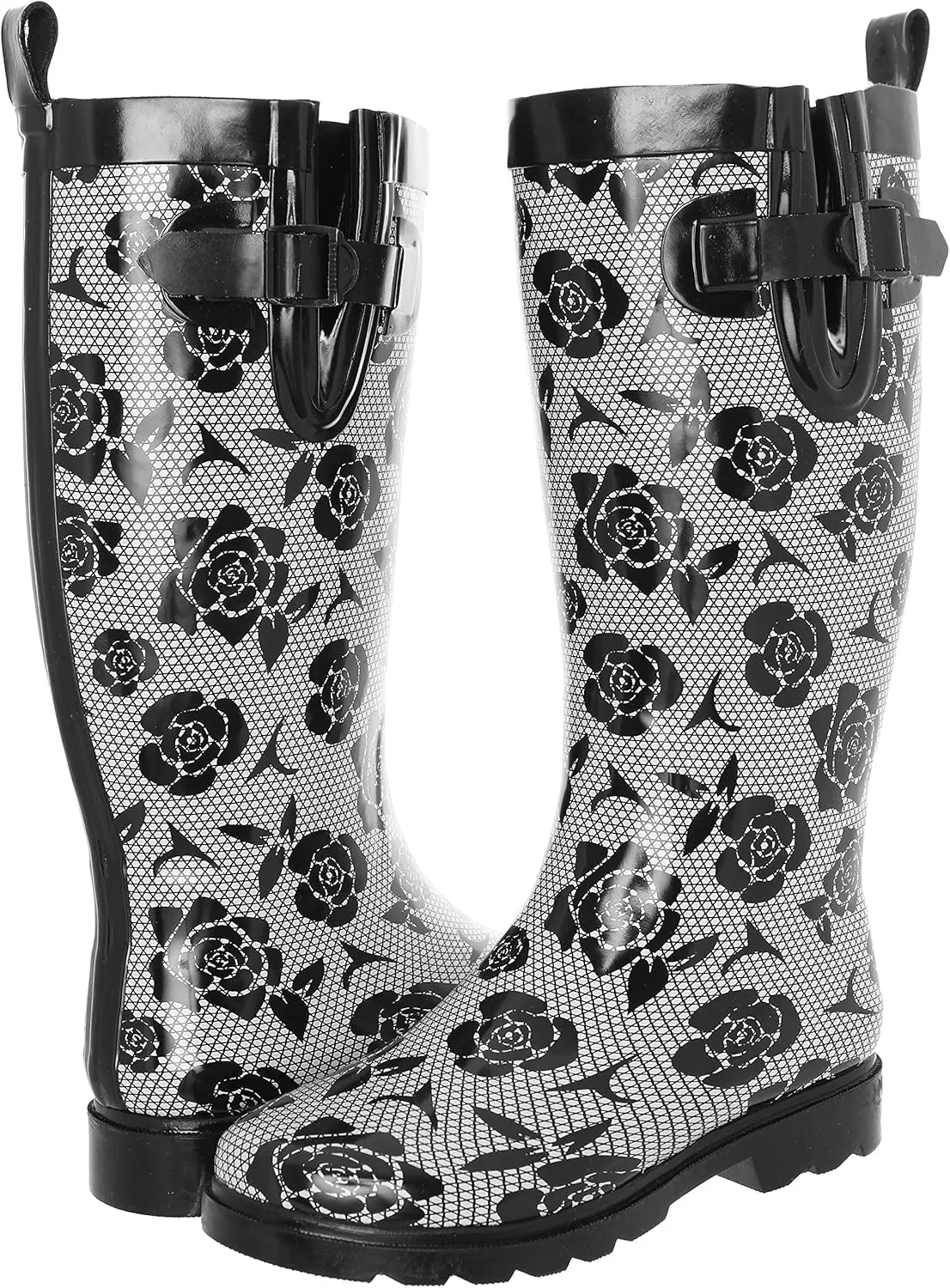 Capelli New York Ladies Shiny Tall Rubber Cozy Lined Rain Boots Lace and Rose Print Black Combo Size 6