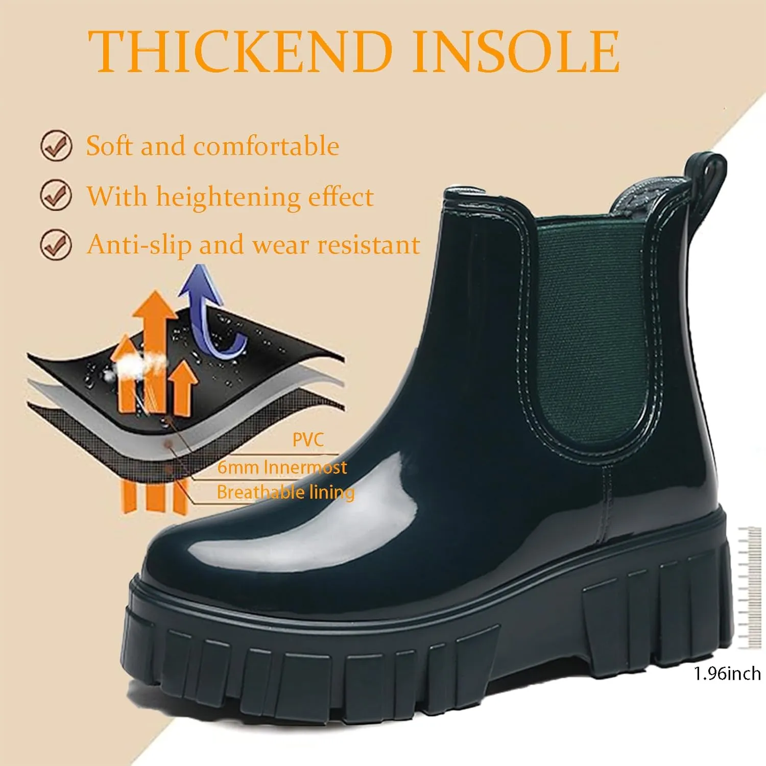 Crepuscute Women's Waterproof Platform High Top Rain Boots - Lightweight Garden Chelsea Ankle Boots With Comfortable Soft Insole for Outdoor