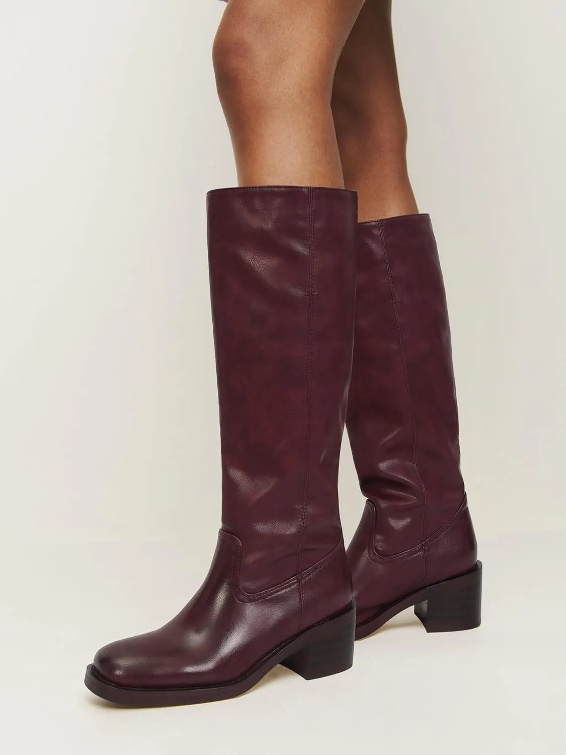 DOEYG Women's Banana Knee High Boots Square Toe Chunky Block Heel Tall Boots Wide Calf Fashion Comfortable Casual Pull on Long Boots