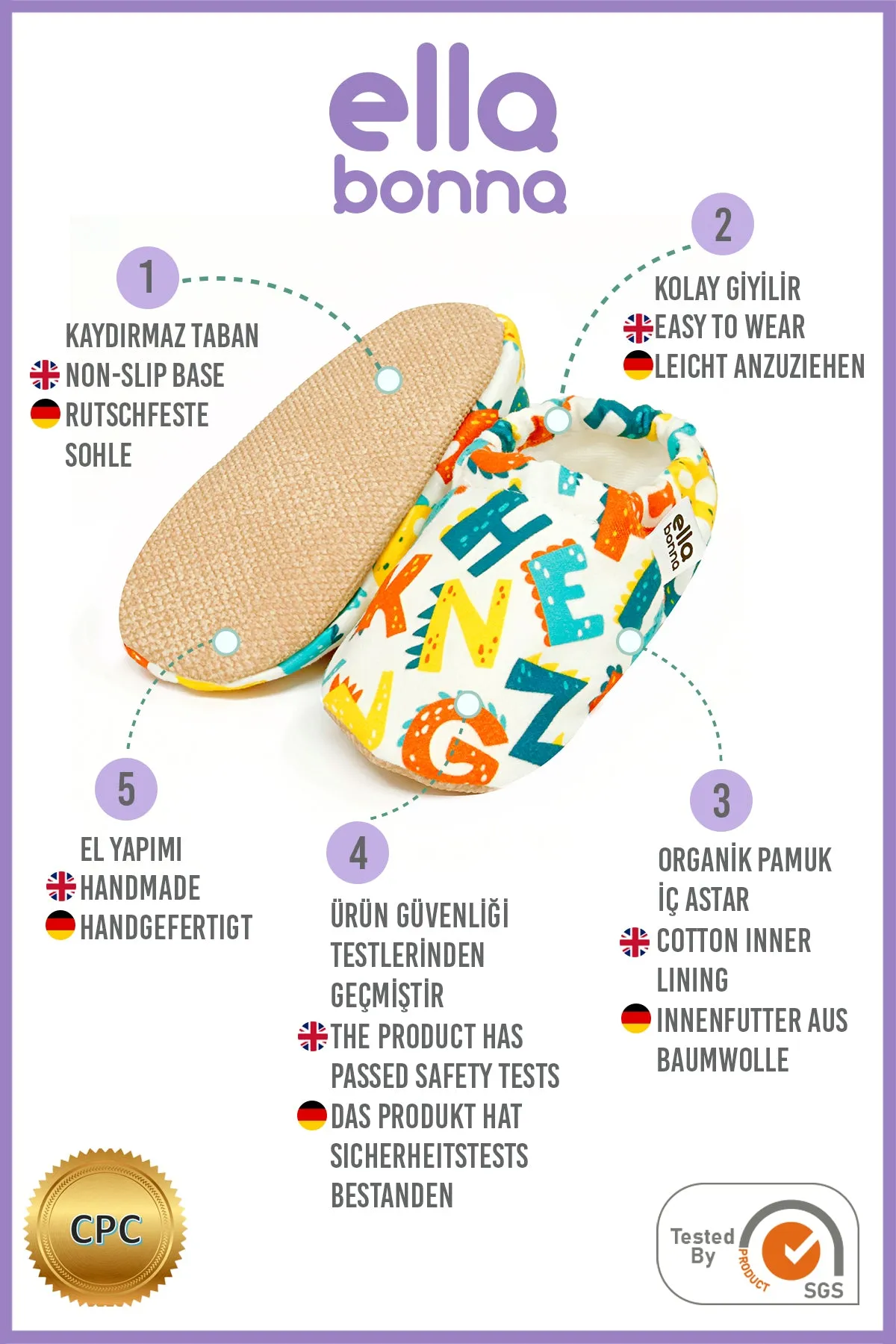 Ella Bonna Baby Moccasins, Slippers, Alfabet