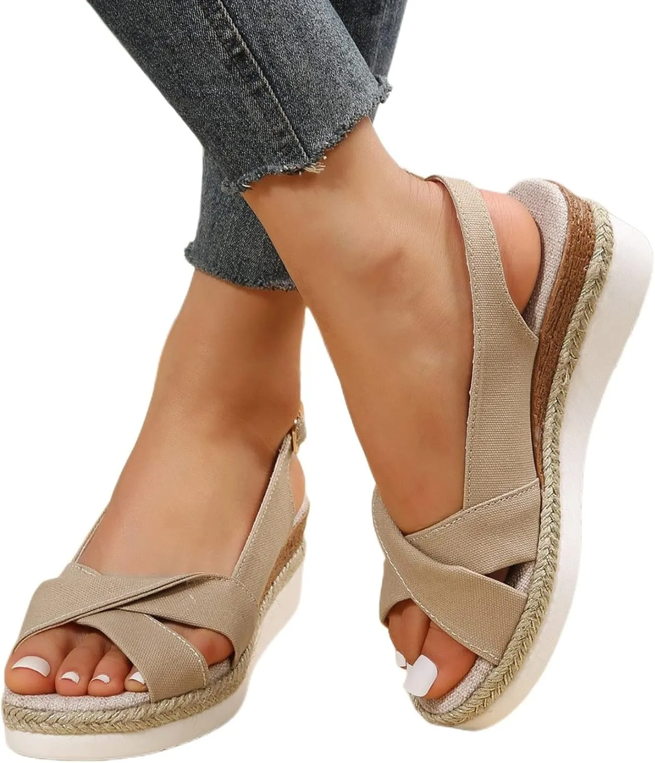 Espadrille Platform Wedge Sandals for Women Open Toe Slingback Ankle Strap Criss Cross Low Wedge Summer Casual Slip On Shoes