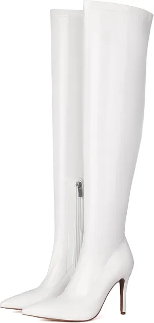 Feinlina Women's Black Over The Knee Boots Sexy Pointed Toe Patent Leather Thigh High Boots