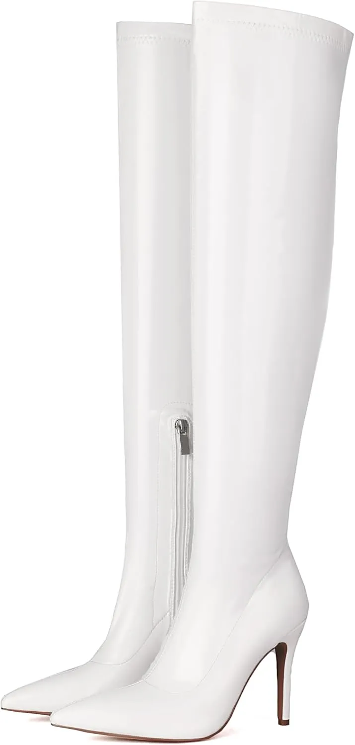 Feinlina Women's Black Over The Knee Boots Sexy Pointed Toe Patent Leather Thigh High Boots