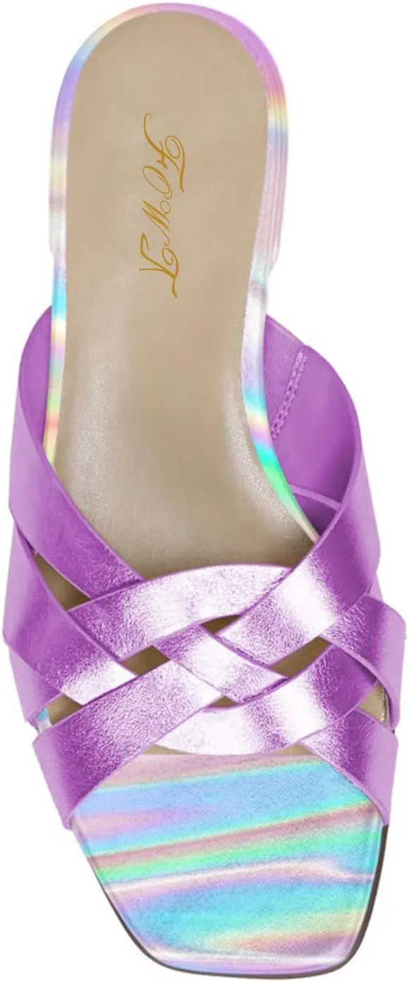 FOWT Women’s Braided Slide Sandals Cross Strappy Flats Backless Square Open Toe Slippers Low Heels Slip On Golden Shoe Synthetic Leather Hollow Design for Driving Working Leisure Time Size 4-16 US