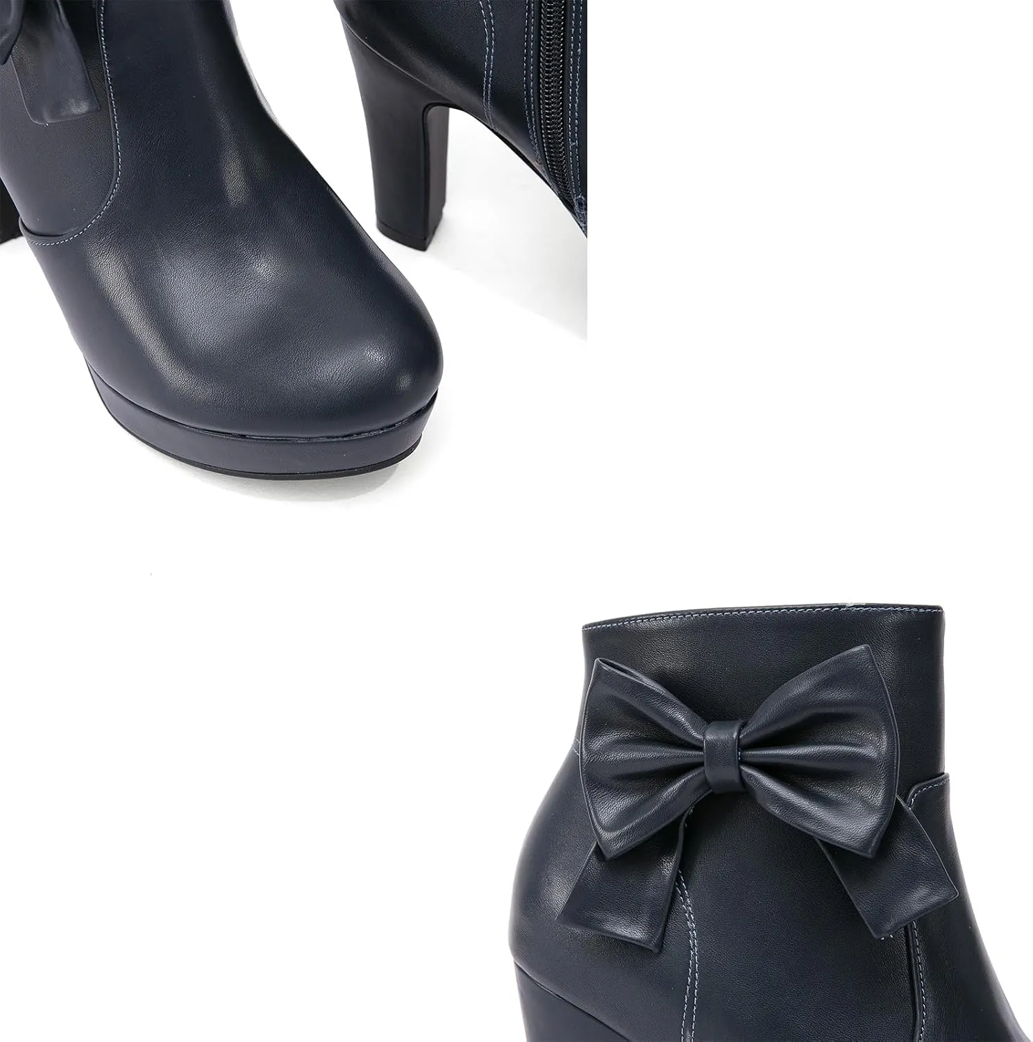 GATUXUS Women's Chunky High Heels Bow Decor Ankle Boots Round Toe Side Zipper Platform Short Booties Dress Shoes