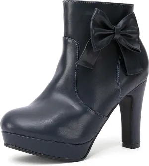 GATUXUS Women's Chunky High Heels Bow Decor Ankle Boots Round Toe Side Zipper Platform Short Booties Dress Shoes