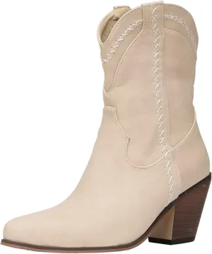 getmorebeauty Women Ankle Boots Western Cowboy Cowgirl Short Block Chunky Heel Pointed Toe Side Zipper Mid Calf Boots Winter Fall