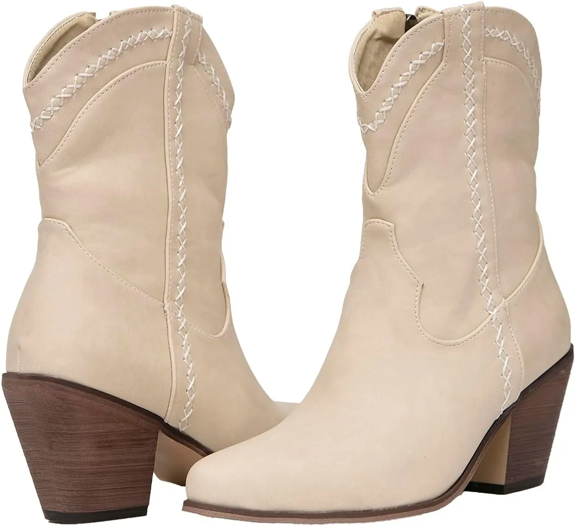 getmorebeauty Women Ankle Boots Western Cowboy Cowgirl Short Block Chunky Heel Pointed Toe Side Zipper Mid Calf Boots Winter Fall