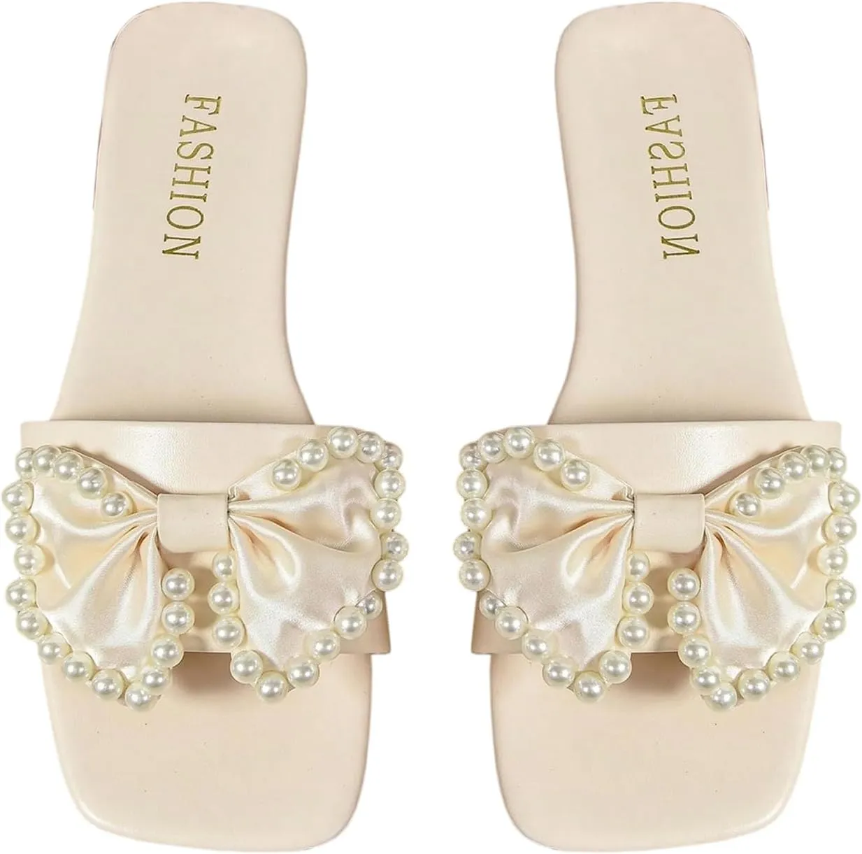 GORGLITTER Women's Bow Flat Sandals Dressy Pearl Wedding Sandals for Bride Comfortable Summer Slides