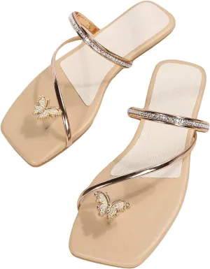 GORGLITTER Women's Metallic Rhinestone Butterfly Flat Sandals Dressy Square Open Toe Slip On Slide Summer Sandals