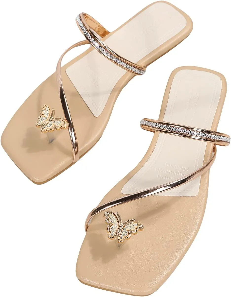 GORGLITTER Women's Metallic Rhinestone Butterfly Flat Sandals Dressy Square Open Toe Slip On Slide Summer Sandals
