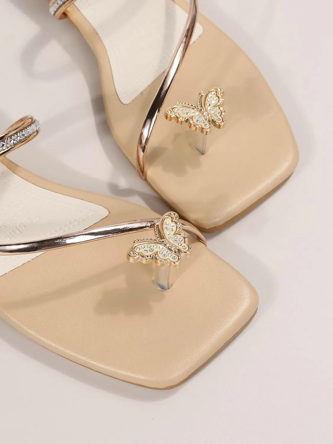 GORGLITTER Women's Metallic Rhinestone Butterfly Flat Sandals Dressy Square Open Toe Slip On Slide Summer Sandals