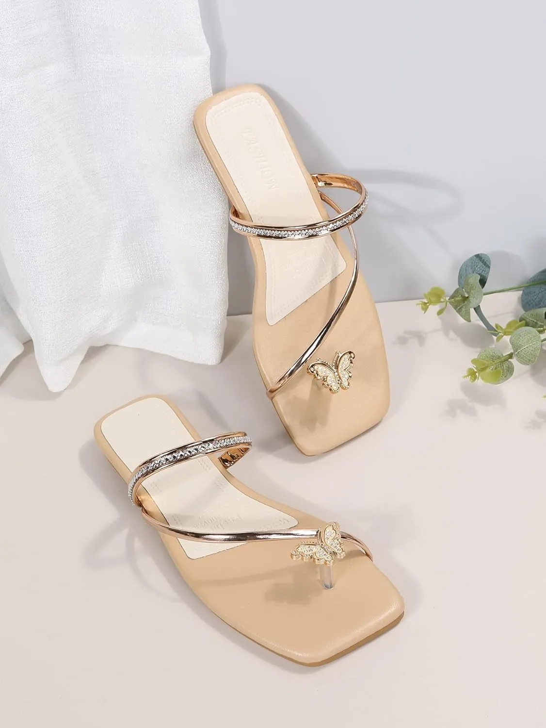 GORGLITTER Women's Metallic Rhinestone Butterfly Flat Sandals Dressy Square Open Toe Slip On Slide Summer Sandals