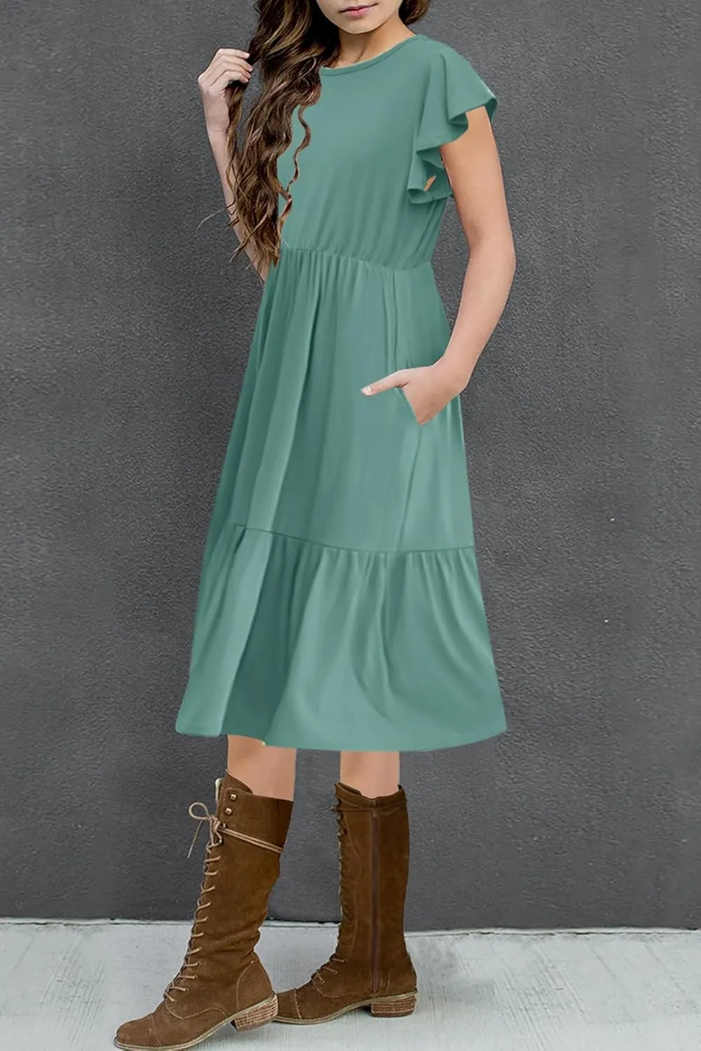HOSIKA Girls Summer Ruffle Short Sleeve Crew Neck Loose Casual Flowy Tiered Short Dress with Pockets for 6-12 Y