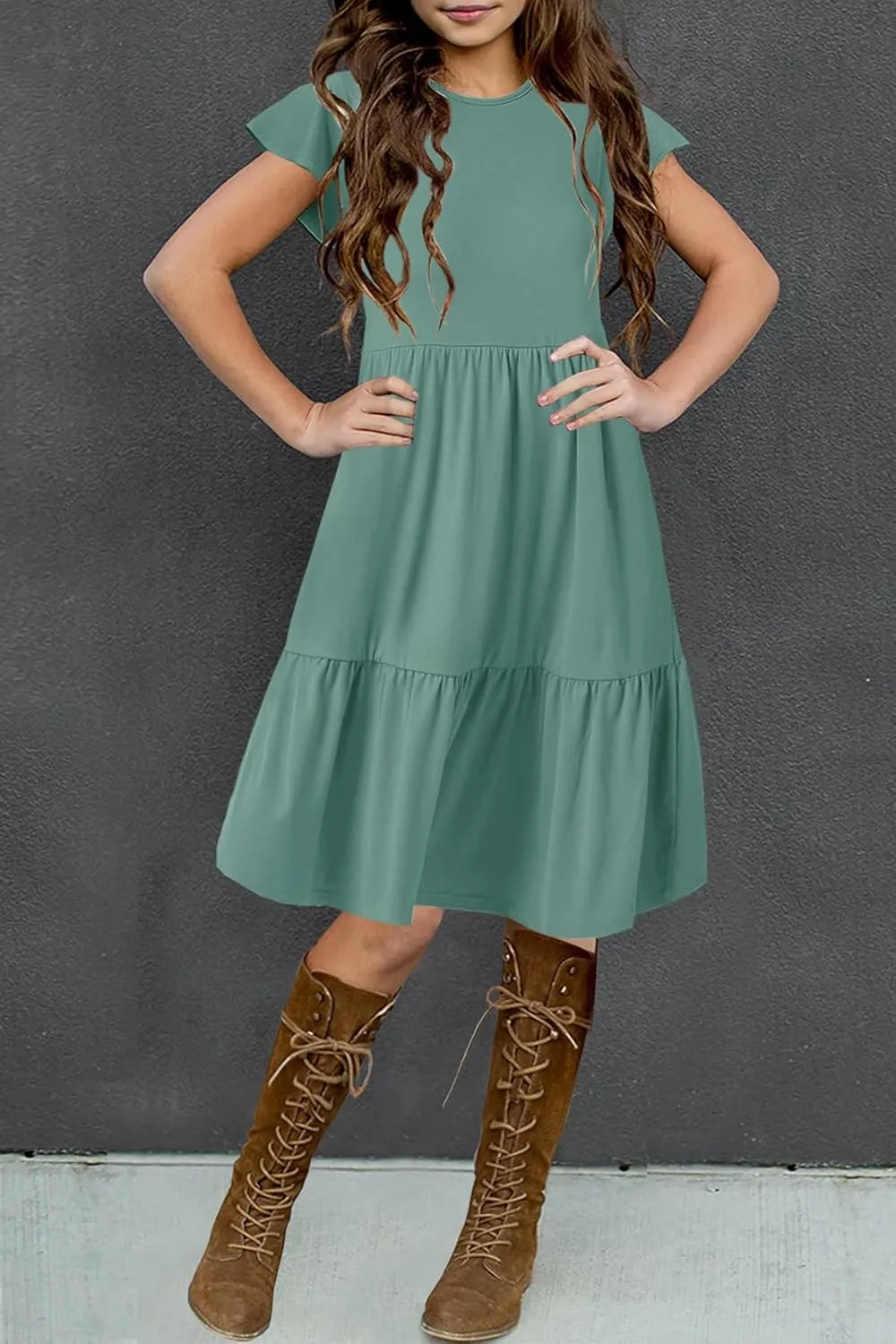 HOSIKA Girls Summer Ruffle Short Sleeve Crew Neck Loose Casual Flowy Tiered Short Dress with Pockets for 6-12 Y