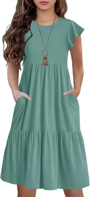 HOSIKA Girls Summer Ruffle Short Sleeve Crew Neck Loose Casual Flowy Tiered Short Dress with Pockets for 6-12 Y