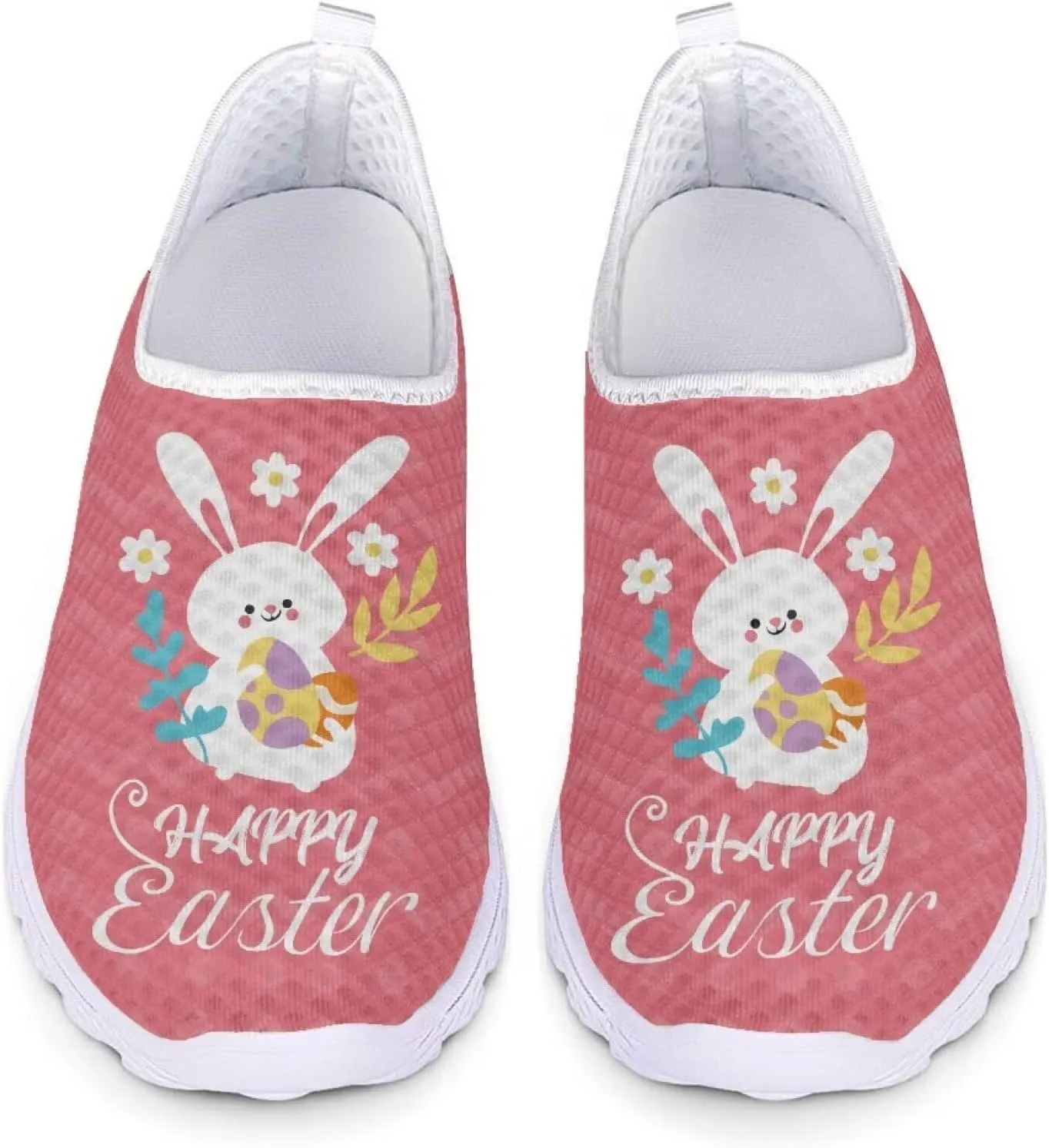 HUIACONG Happy Easter Womens Slip On Sneaker Easter Rabbit Egg Running Shoes for Teen Girls Casual Walking Trainers Size 7 Breathable Lightweight Tennis Shoes Footwear Pink