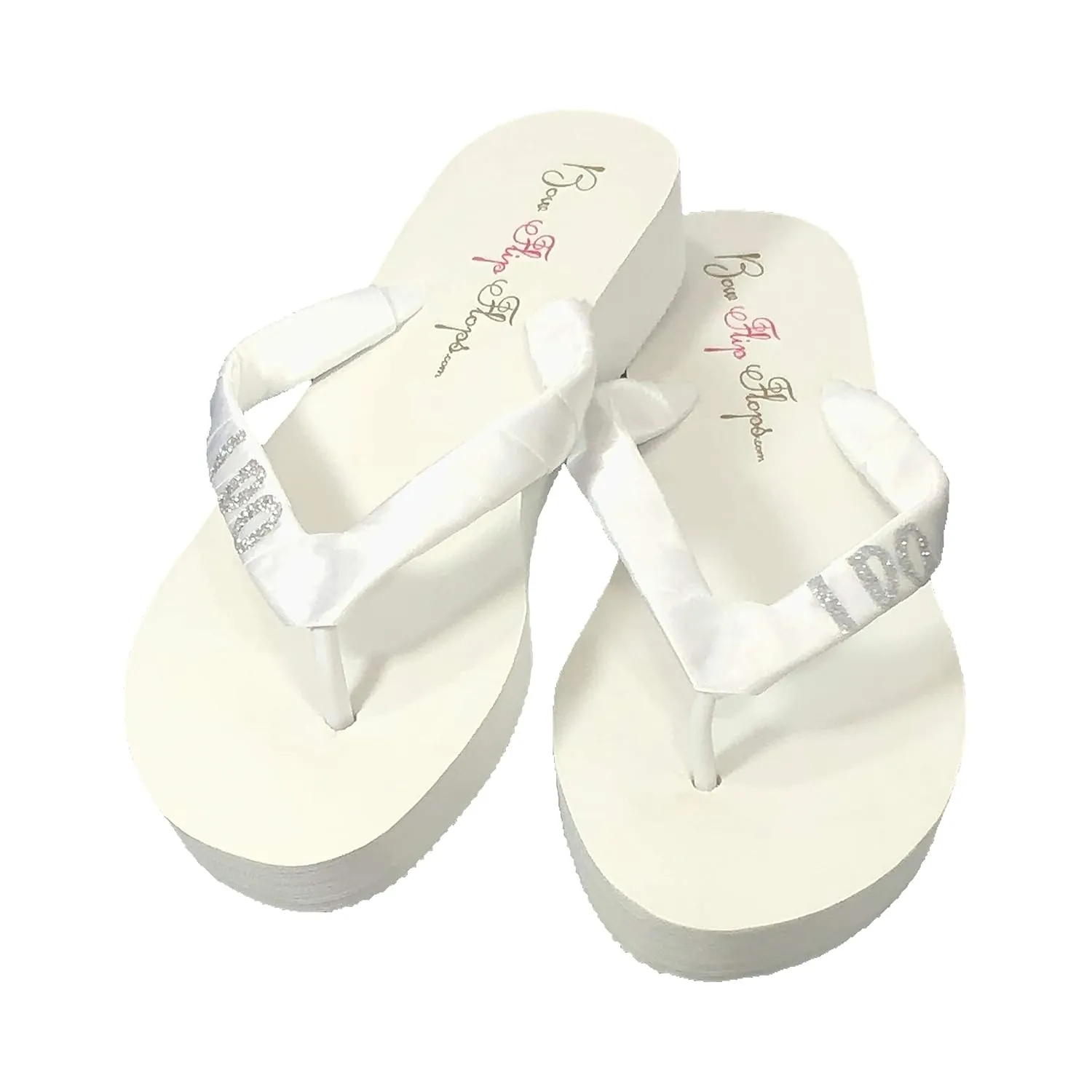 I Do Glitter Ivory & White Flat or Wedge Bridal Flip Flop Sandals
