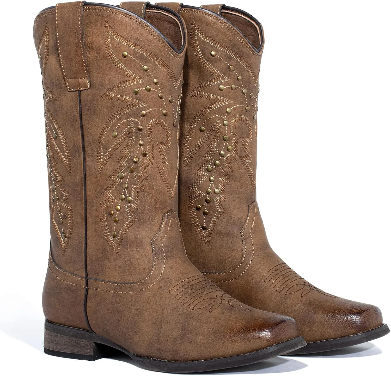 J's.o.l.e Studs Cowboy Boots for Women Narrow Square Toe Cowgirl Embroidered Western Boots Brown