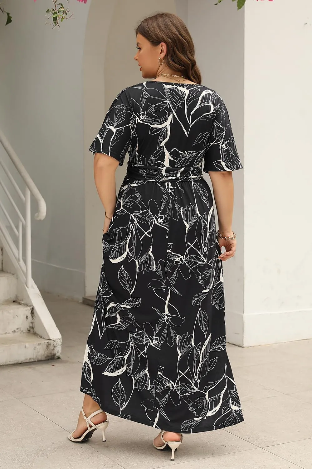 Keluummi Plus Size Wedding Guest Maxi Dress for Curvy Women, Summer Casual Floral Empire Waist 3/4 Sleeve Long Cocktail Dress
