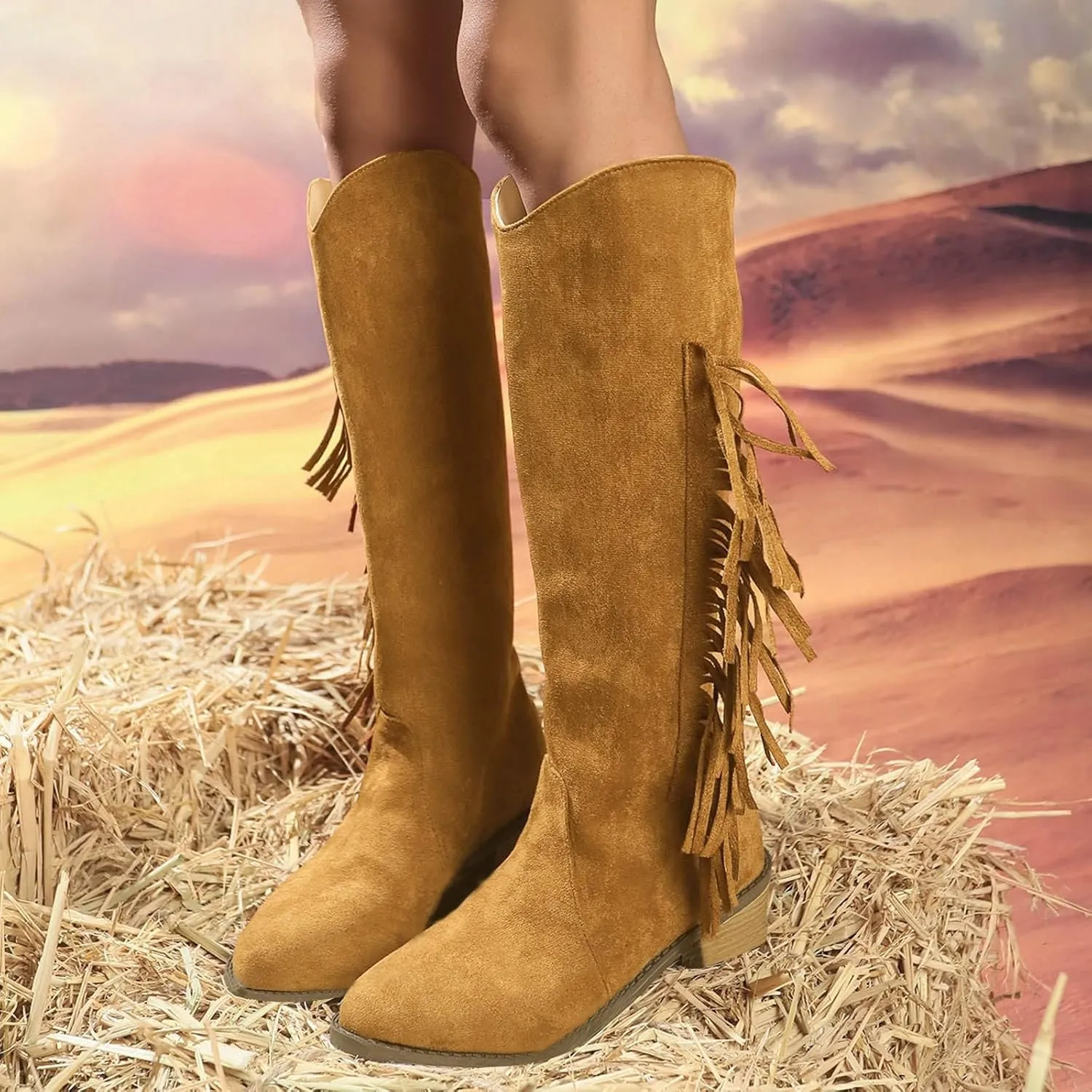 Knee High Boots Women Low Heel Mid Calf Boots for Women with Heel Fashion Trend Tassel Women's High Boots