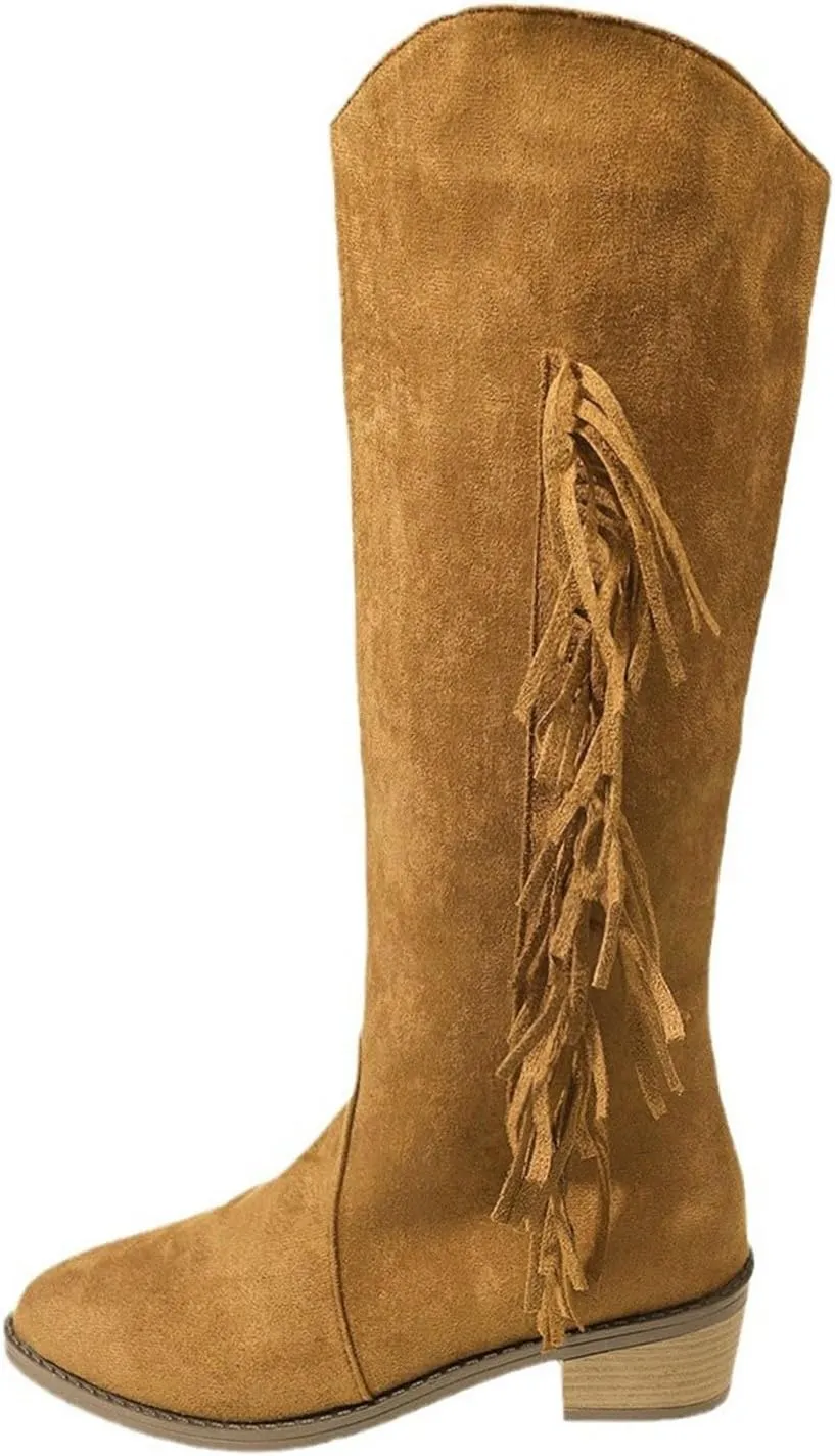 Knee High Boots Women Low Heel Mid Calf Boots for Women with Heel Fashion Trend Tassel Women's High Boots