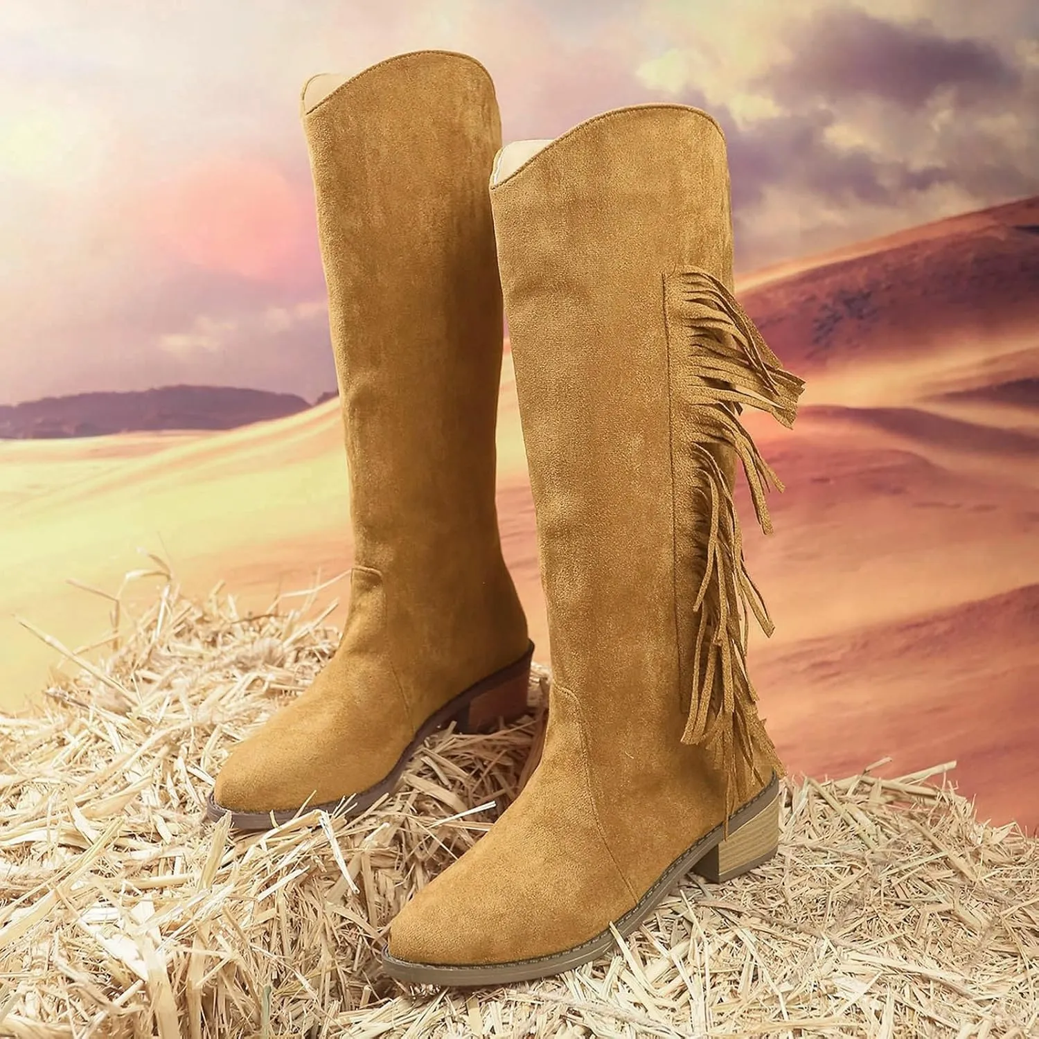 Knee High Boots Women Low Heel Mid Calf Boots for Women with Heel Fashion Trend Tassel Women's High Boots