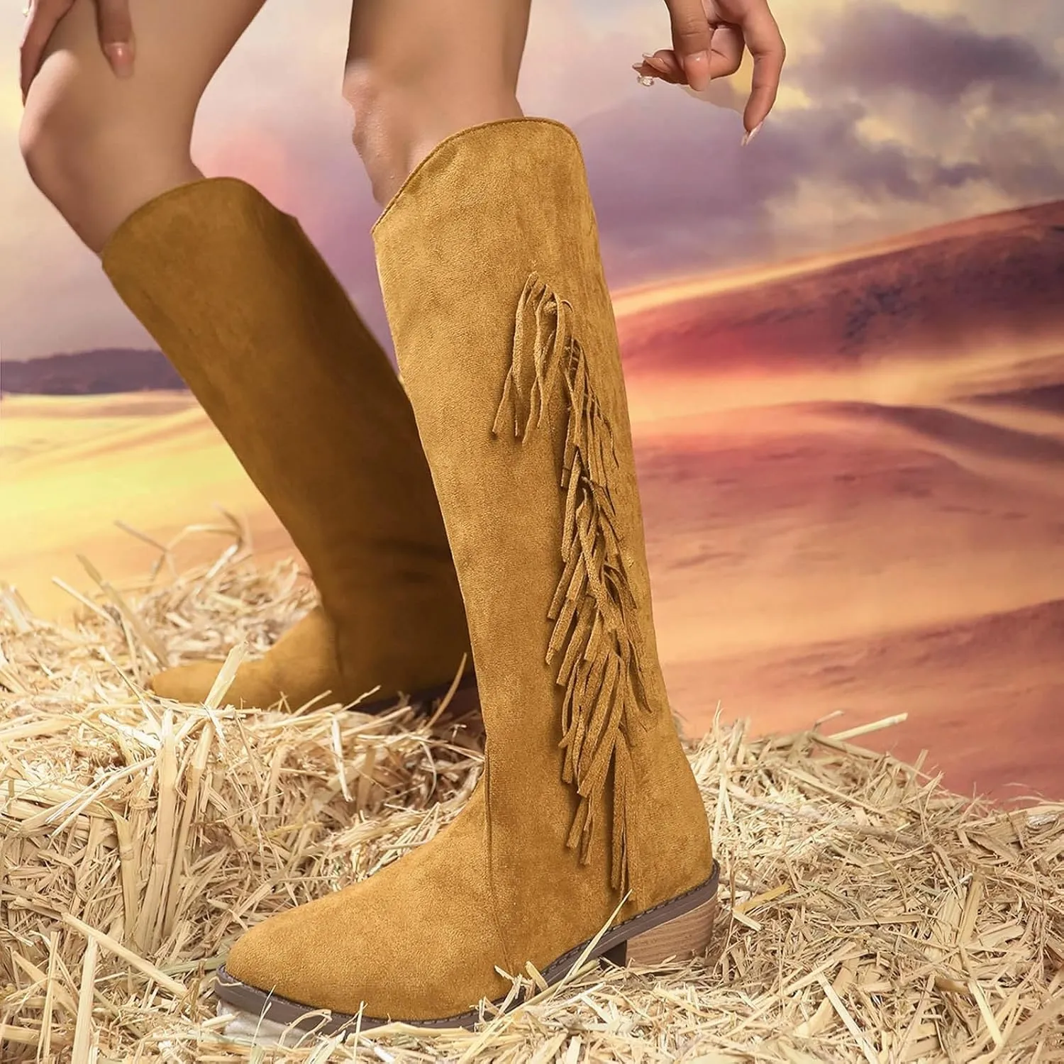 Knee High Boots Women Low Heel Mid Calf Boots for Women with Heel Fashion Trend Tassel Women's High Boots