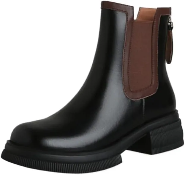 Loafers For Women Women's Split Leather Chunky Heel Boots Round Toe Mixed Colors Platform Booties