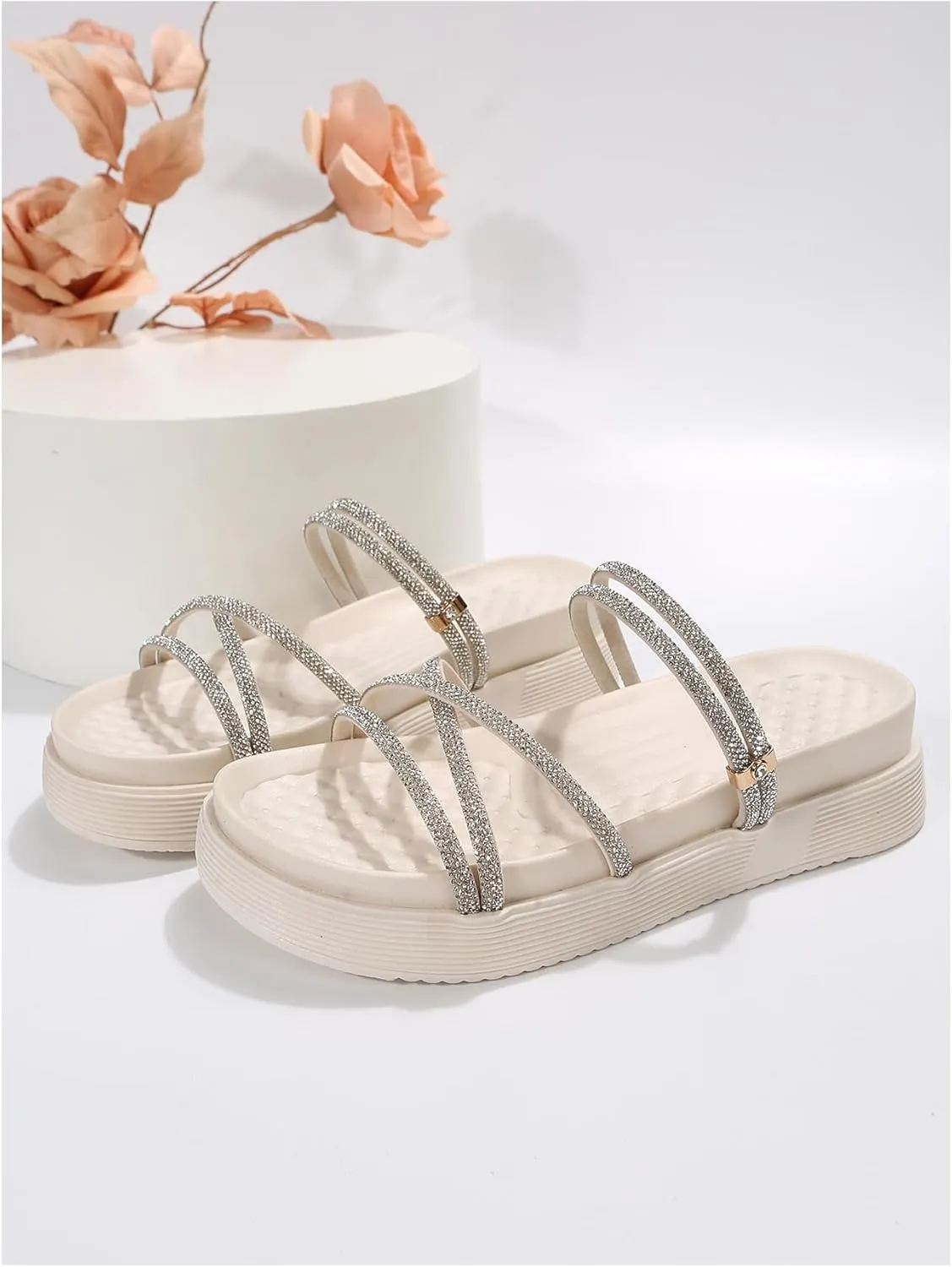 MakeMeChic Women's Rhinestone Strappy Beach Sandals Open Round Toe Flat Slides Summer Shoes