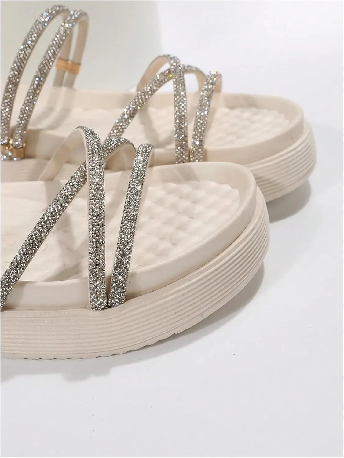 MakeMeChic Women's Rhinestone Strappy Beach Sandals Open Round Toe Flat Slides Summer Shoes