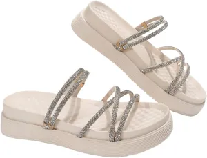 MakeMeChic Women's Rhinestone Strappy Beach Sandals Open Round Toe Flat Slides Summer Shoes