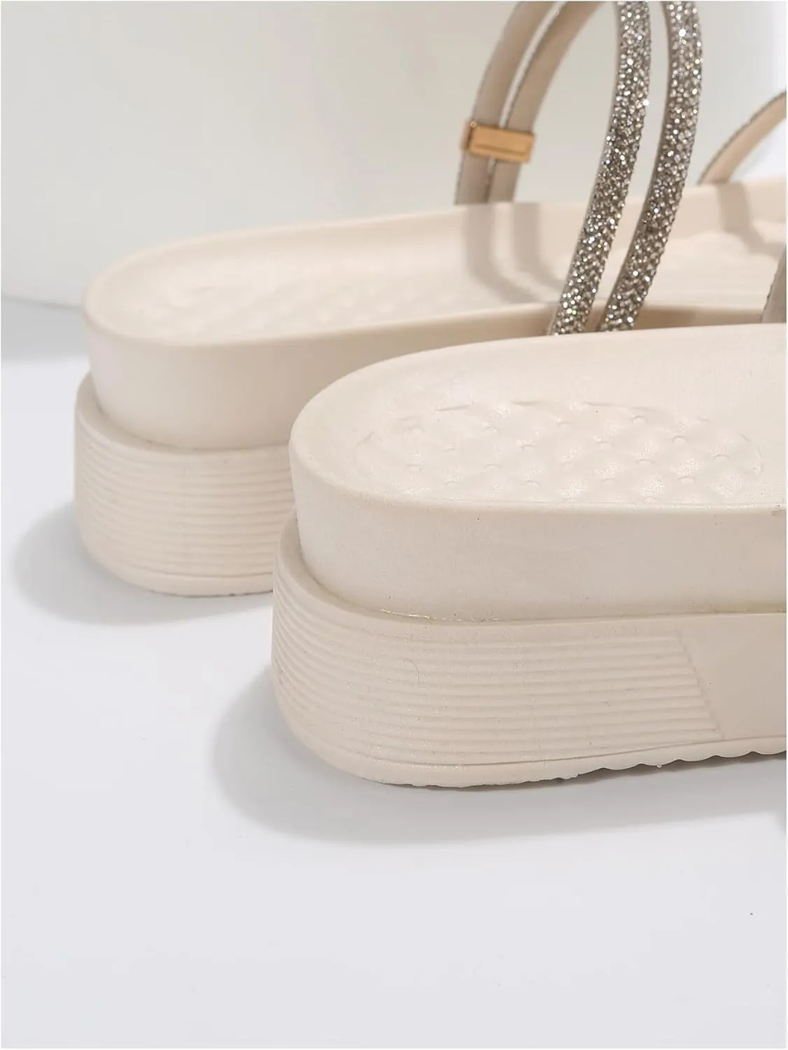 MakeMeChic Women's Rhinestone Strappy Beach Sandals Open Round Toe Flat Slides Summer Shoes